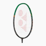 Badminton racket with green frame and red Yonex logo on a white background