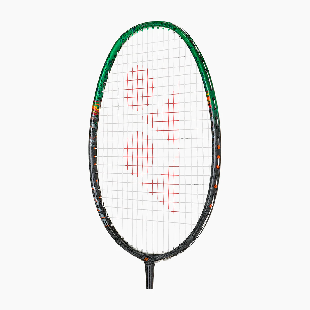 Badminton racket with green frame and red Yonex logo on a white background