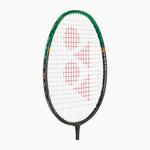 Badminton racket with a white strings pattern on a white background