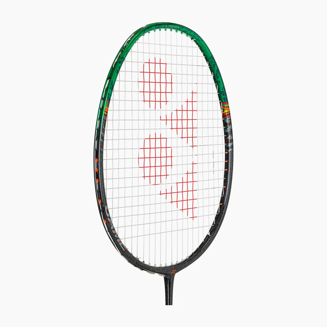 Badminton racket with a white strings pattern on a white background