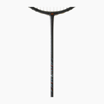 Black squash racket with white strings on a white background