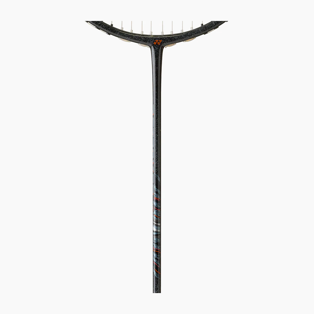 Black squash racket with white strings on a white background