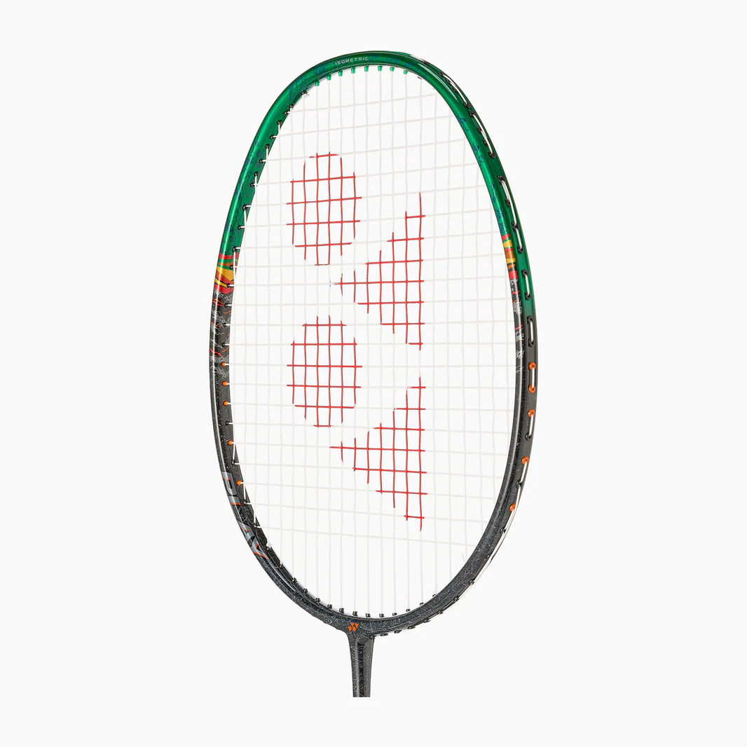 Badminton racket with a green frame and red Yonex logo on a white background
