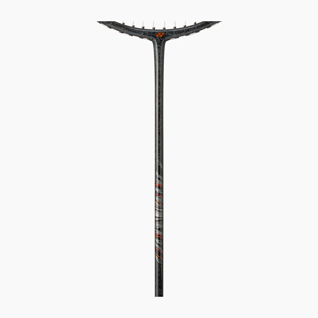 Carbon fiber ski pole with a black handle and red accents on a white background