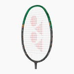 Badminton racket with a green frame and red logo on a white background