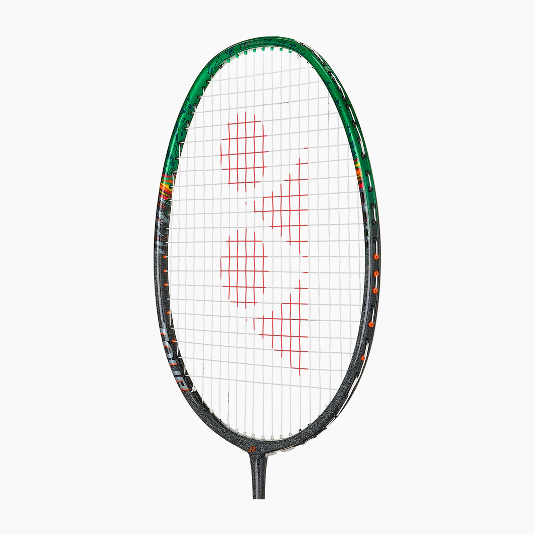 Badminton racket with a green frame and red logo on a white background