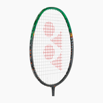 Badminton racket with a green frame and red logo on a white background