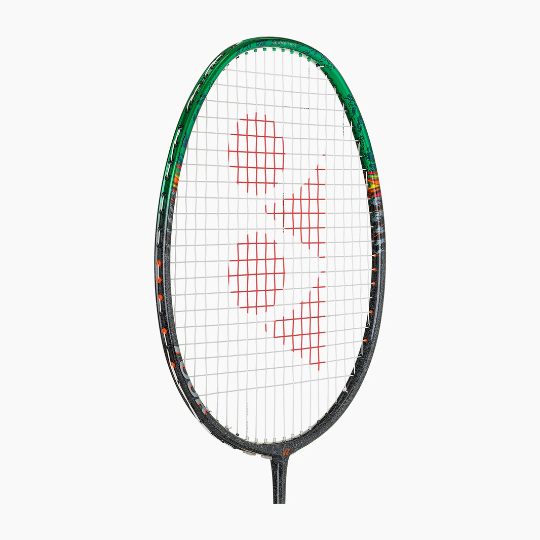 Badminton racket with a green frame and red logo on a white background