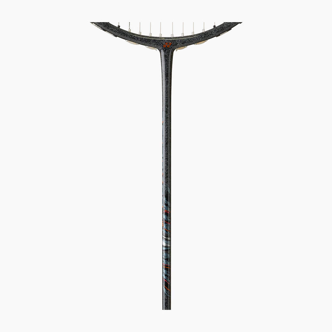 Squash racket with a black and gray design on a white background