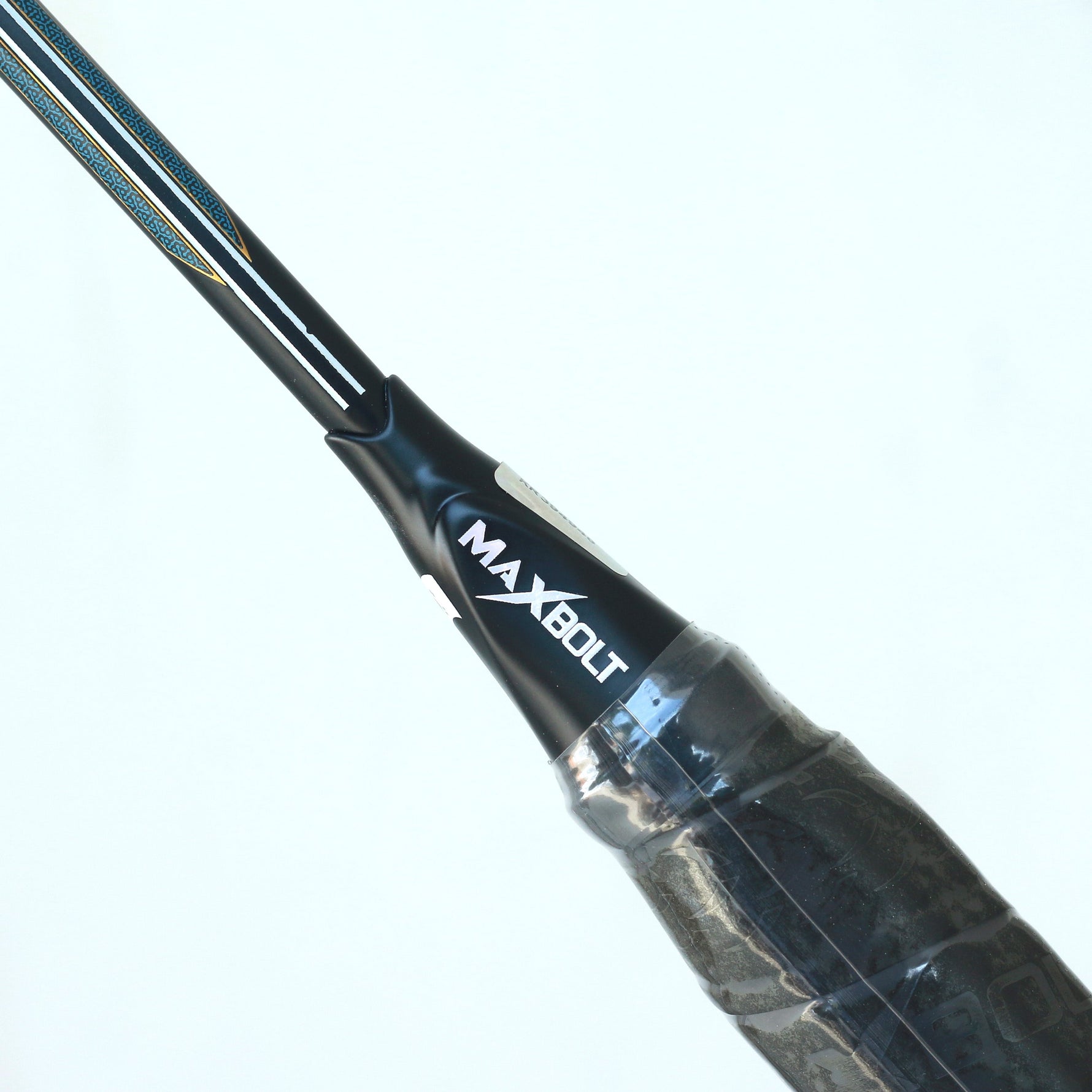 Alt Text: Maxbolt Blade badminton racqut (silver/blue), 35 lbs string tension. Visit probadminton.in.

