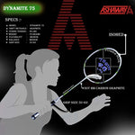 Beginner-friendly Ashaway Dynamite 75 tennis racket (misspelled).

