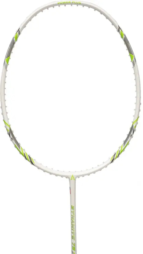 The grip and handle of the unstrung Ashaway Dynamite 75 racket.

