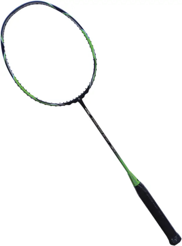Close-up of the isometric head shape and string pattern on the racket.

