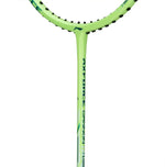 Alt Text: Overhead shot of the unstrung Li-Ning Axforce Cannon badminton racquet on a court surface.