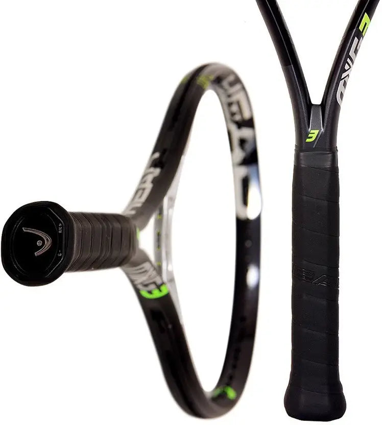 Alt Text: "Head MXG 3 Tennis Racquet resting on a court, ready for play. This graphite racquet offers superior playability. Shop tennis gear at ProBadminton.in."

