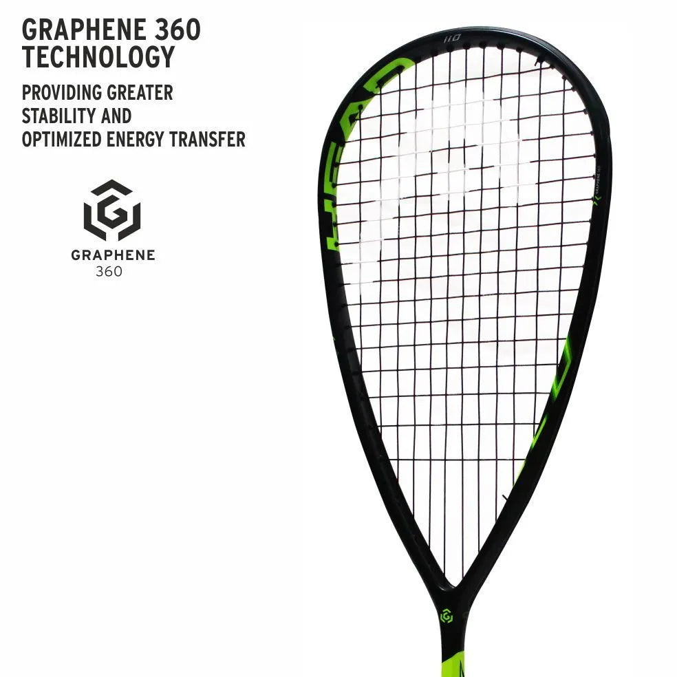 "Head Graphene 360 Spead 110 Squash Racket, black and neon yellow, teardrop, recommended by Saurav Ghosal. Graphene 360 Speed 110 racket for tournament players, head heavy."