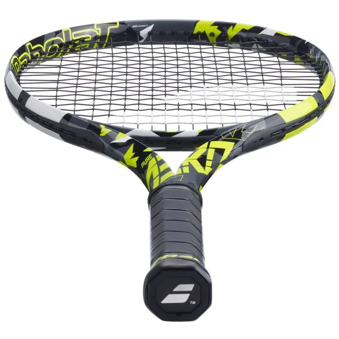 Side view of the Babolat Pure Aero (Babolat Pur Aero) racket, emphasizing its extended frame for enhanced reach.