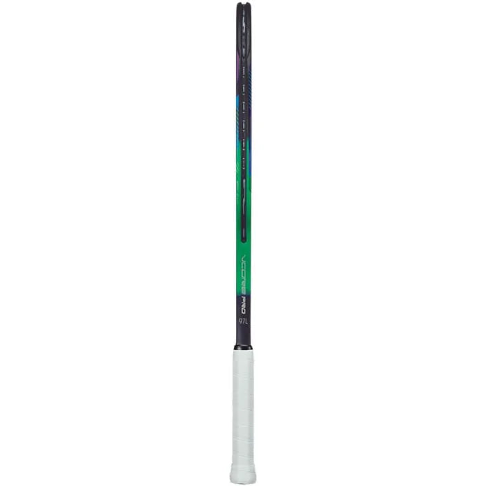 Detailed view of the head-light balance and the slim beam (21mm) of the Yonex VCORE Pro 97L racquet's shaft, emphasizing its maneuverability.
