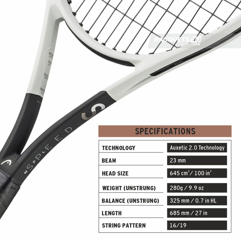 Close-up of the HEAD Speed MP L 2024 racket's aerodynamic beam, designed to cut through the air for whip-like speed in a "misspell match." Get expert advice at ProBadminton.in