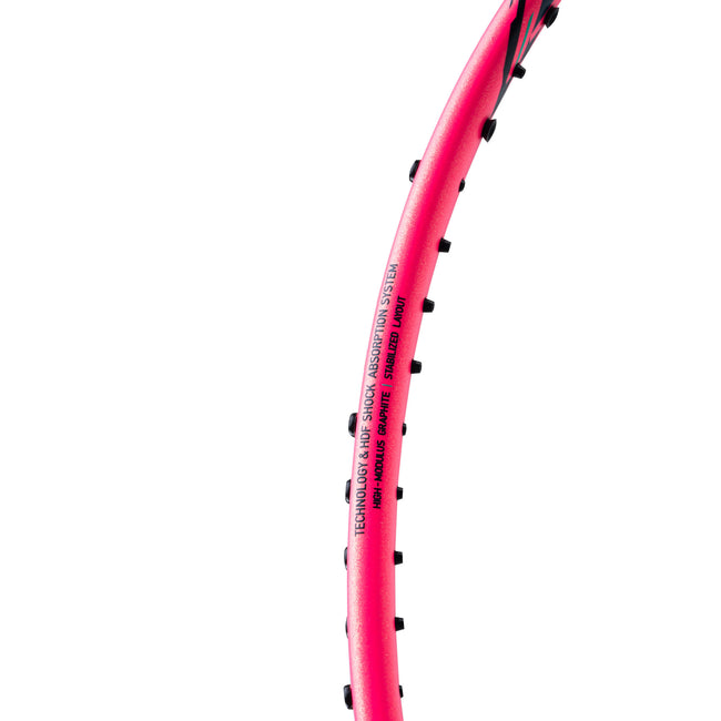 Close-up of the handle and shaft of the Lining Halbertec Motor Pro racket.

