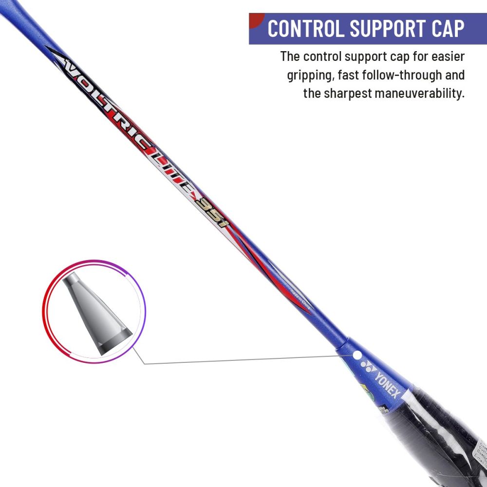 Detailed view of the Yonex Voltric Lite 35I racket, focusing on the graphite material and its construction for a blend of speed and control.